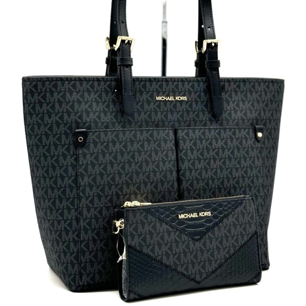 Michael Kors Jet Set Medium Pocket Tote Bag & Double Zip Wallet Black Multi